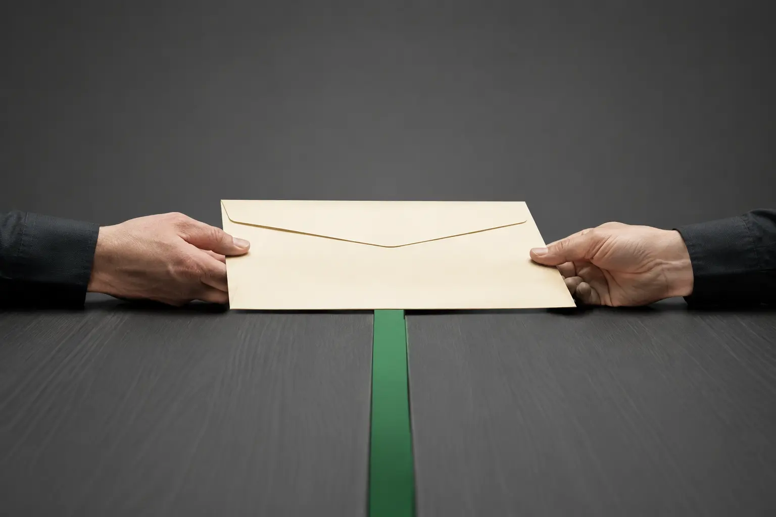 Adult hands passing a sealed blank envelope across a short marked gap